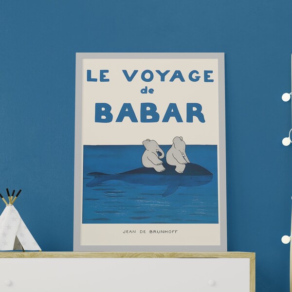 Affiche Babar l'éléphant, affiche de chambre d'enfant, oeuvre d'art murale pour chambre d'enfant, cadeau de baby shower, affiche de dessin animé vintage, affiche de chambre d'enfant