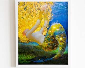 Mermaid with Golden Hair Poster, Wanderlust Art, Antique Mermaid Wall Art, Ocean Art, Mermaid Poster, Dreamer Art, Living Room Decor