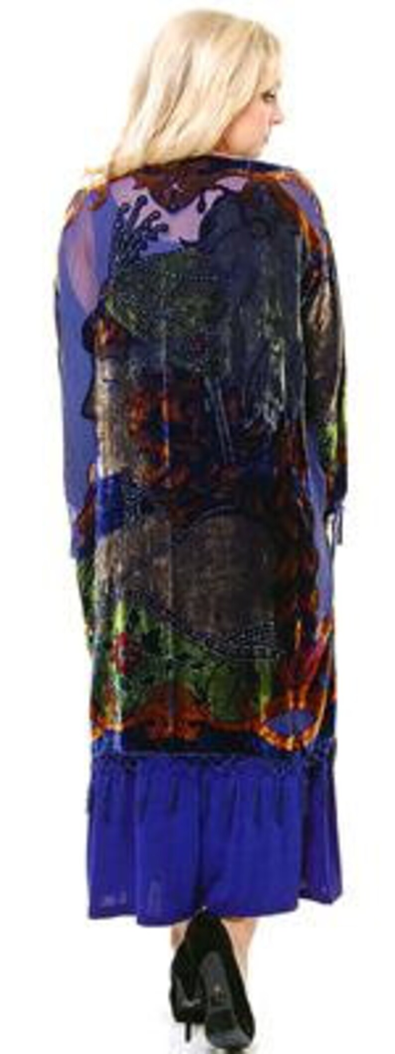 Royal Blue Violet Peacock Bohemian Mucha Gypsy Velvet Kimono Duster