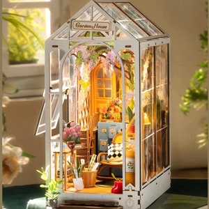 DIY Garden House Book Nook Kit with LED Lights | Miniature Bookshelf Diorama, Shelf Insert Bookend - Unique Home Decor & Perfect Gift Idea