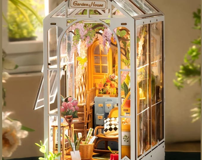 DIY Garden House Book Nook Kit with LED Lights | Miniature Bookshelf Diorama, Shelf Insert Bookend - Unique Home Decor & Perfect Gift Idea