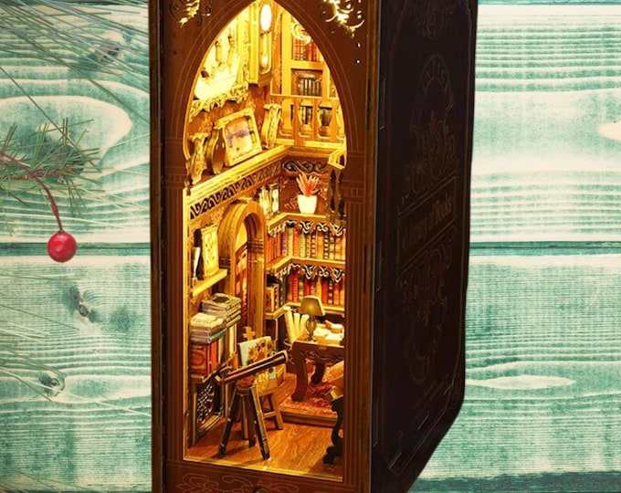 DIY Miniature Book Nook Shelf Insert Library of Books 3D Wooden Puzzle Model | Miniature Bookshelf Diorama | Book Nook Kit Christmas gift