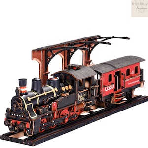 Steam Train 3D Wooden Puzzle Kit – Classic Locomotive with Wagon | Pre-Colored DIY Model Craft Gift for Husband, Kids & Family