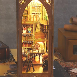 DIY Miniature Book Nook Shelf Insert Library of Books 3D Wooden Puzzle Model | Miniature Bookshelf Diorama | Book Nook Kit Christmas gift