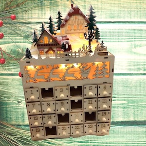 Wooden Advent Calendar - DIY Wooden light up advent calendar- Fill your own drawers-Resusable Keepsake-Festive scene - Christmas gift