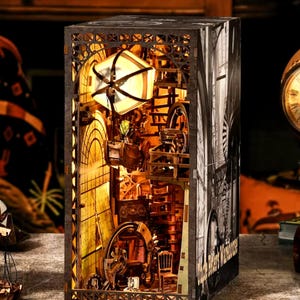 DIY 3D Book Nook Kit Inventor’s Workshop Miniature with LED Lights Uncle Peter’s Warehouse | Diorama | Dollhouse Model Bookend Christmas