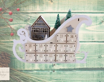 Santa Sleigh Wooden Advent Calendar - 24 Drawers for a Festive Christmas Countdown - Christmas Decoration - Wooden light up advent calendar