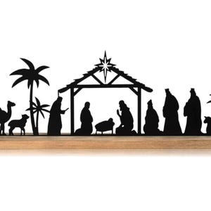 Black Metal Nativity Scene with Wooden Base – Elegant Christmas Decor for Your Home - Christian Art - Christmas - Gift