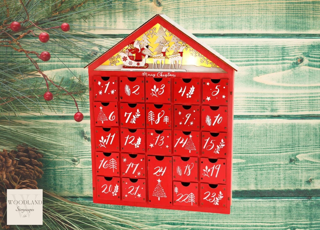 Red Wooden Light up Advent Calendar DIY Fill Your Own Drawers