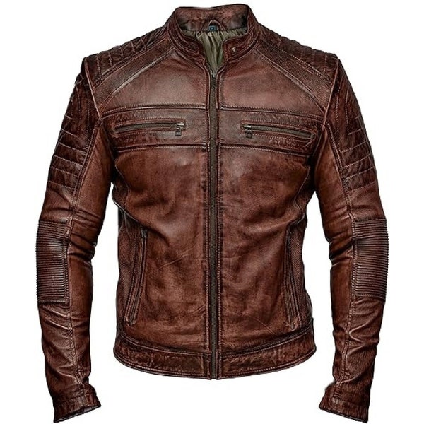 Handmade Men's Cafe Racer Motorcycle Distressed Brown Leather Jacket