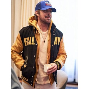 Ryan Gosling's The Fall Guy Varsity Letterman Jackets - Handmade Bomber Black and Yellow Hooded Jacket