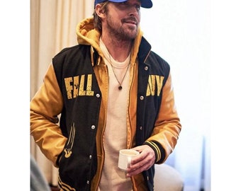 Ryan Goslings The Fall Guy Varsity Letterman Jackets – Handgefertigte Bomberjacke in Schwarz und Gelb mit Kapuze