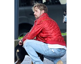Handmade Men's Ryan Gosling Bomber Red Jacket | Ryan The Fall Guy 2024 Red Checked Jacket