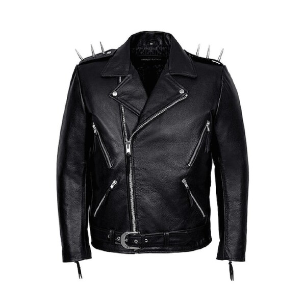 Handmade Men's Inspired By Ghost Rider Johnny Blaze Spike Black Leather Jacket | Nicolas Cage Belted Waist Black Biker Jacket