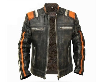 Handgemachte Herren Retro 3 Cafe Racer Vintage Distressed Echtlederjacke, Herren Streifen Motorrad Lederjacke