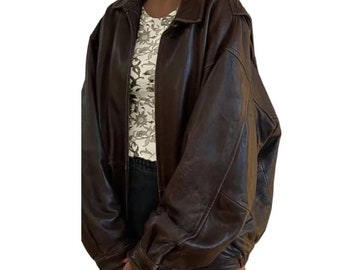 Chaqueta bomber de cuero marrón de gran tamaño para mujer de los años 90 / Chaqueta de cuero real para mujer hecha a mano / Chaqueta de cuero marrón de gran tamaño