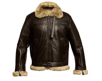 Mens B3 RAF Brown Fur Shearling Leather Jacket | Men's Brown Bomber Jacket | Handmade Aviator Flight Style Leather Jacket