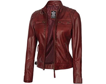 Handmade Women Waxed Maroon Motorcycle Biker Slim Fit Leather Jacket | Quilted Leather Jacket
