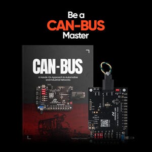 Può includere: L'immagine presenta una scheda di circuito nera con più porte e un cavo collegato, accanto a un libro intitolato "CAN-BUS" con il testo "A Hands-On Approach to Automotive and Industrial Networks". Il testo arancione dice "Be a CAN-BUS Master".