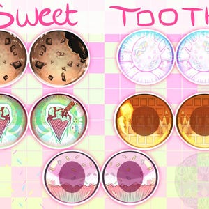 May include: Six colorful round stickers with different sweet treats. The stickers are arranged in two rows of three. The top row features chocolate chip cookie dough, the middle row features ice cream cones, and the bottom row features donuts. The stickers are all on a pink and white checkered background.
