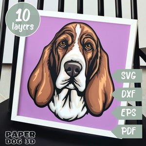 Basset Hound SVG 3D Layered Für Cardstock, Multilayer Papercut, Shadow Box-Datei für Cricut, Silhouette Dxf, Hundegesicht Cut-Datei, Haustier-Denkmal