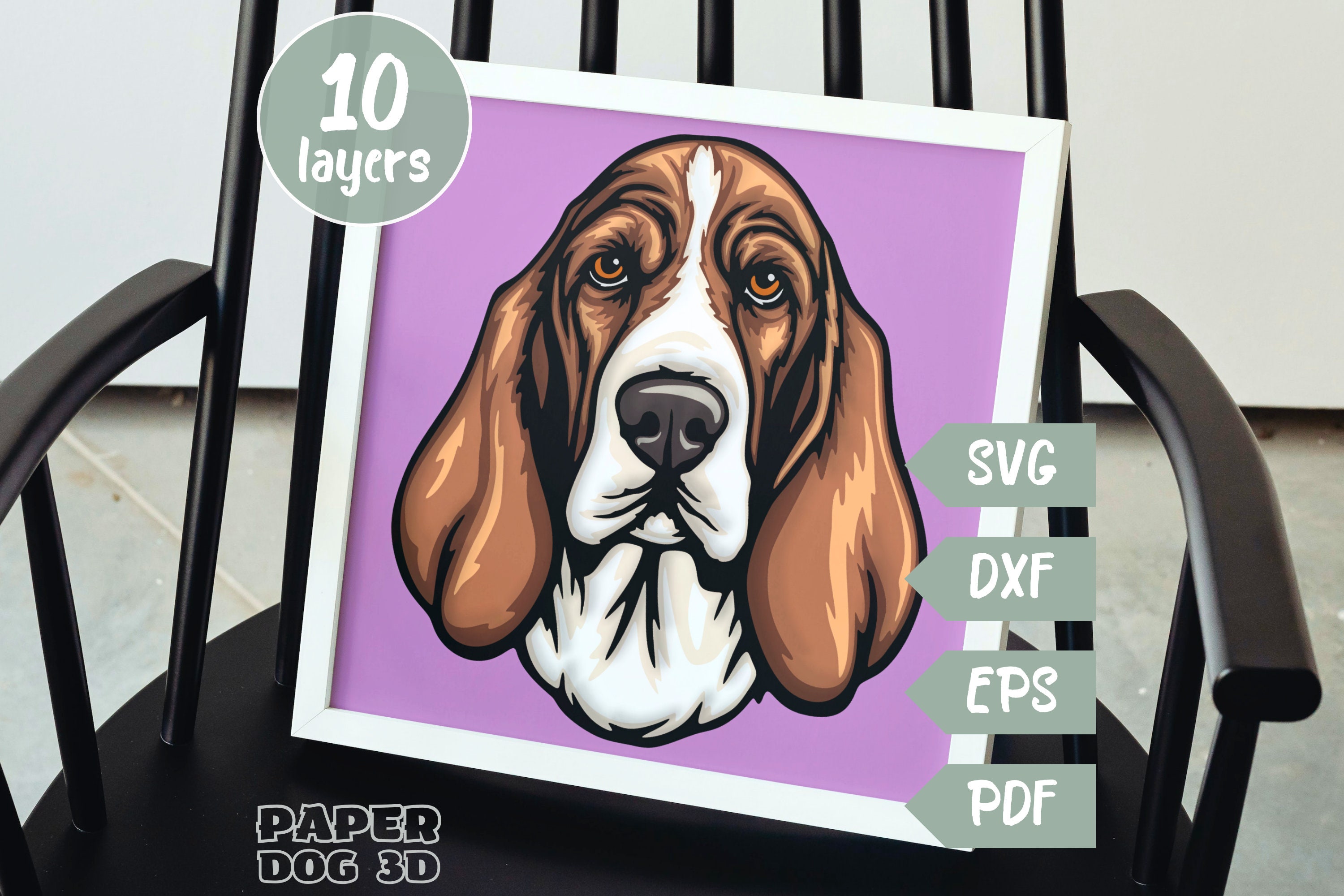 Basset hound SVG 3D Layered For Cardstock, Multilayer Papercut, Shadow Box file for Cricut, silhouette dxf, dog face Cut file, pet memorial