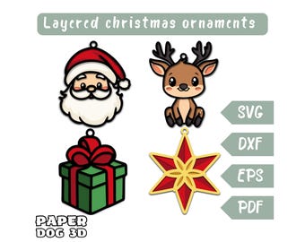 Christmas Ornaments Bundle 3D Layered SVG file For Cardstock, Merry Christmas Decoration, Tree Decor Papercut, Cricut svg file, laser dxf