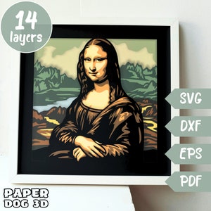 Mona Lisa 3D Layered SVG para cartolina, corte de papel multicamadas, modelo de caixa de sombra, Cricut, silhueta, arquivo de corte, arte de parede de Leonardo Da Vinci