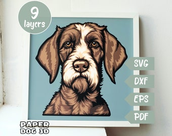 German Wirehaired Pointer 3D Layered SVG For Cardstock, Multilayer Papercut, Shadow Box files for Cricut, silhouette dxf, dog, pet memorial