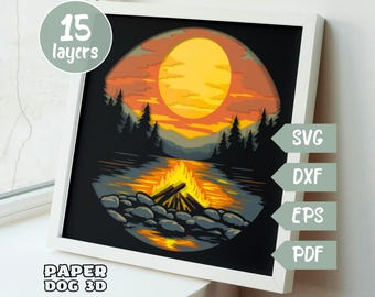 Campfire mountains Shadow Box Template, 3D Layered SVG For Cardstock, Multilayer, Cricut, silhouette dxf, Adventure Paper Cut Light Box