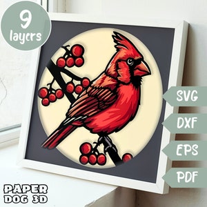 Kardinal Shadow Box 3D Layered SVG für Karton, Papierschnitt, Vogel Multilayer-Vorlage, Cricut, Silhouette Dxf, Vogel Schnittdatei, Wand Kunst DIY