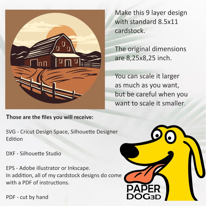 May include: A 9-layer papercraft design of a red barn with a yellow sun in a brown field. The design is for standard 8.5x11 inch cardstock and the original dimensions are 8.25x8.25 inches. The design can be scaled larger but be careful when scaling it smaller. The image includes the text "PAPER DOG3D".