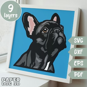 Bulldog Francês 3D Layered SVG para cartolina, Papercut multicamadas, arquivos Shadow Box para Cricut, silhueta dxf, arquivo de corte de cachorro, memorial de animal de estimação