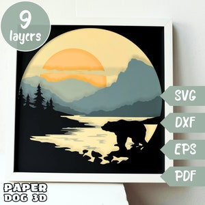 Modèle de boîte d'ombre de scène d'ours, SVG en couches 3D pour le papier cartonné, papercut multicouche, Cricut, silhouette dxf, cabine de bricolage d'art mural d'ours de nature