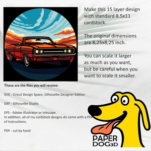 Puede incluir: Un coche rojo convertible con un fondo de puesta de sol. El coche est&aacute; en un c&iacute;rculo con el texto "Those are the files you will receive: SVG - Cricut Design Space, Silhouette Designer Edition DXF - Silhouette Studio EPS - Adobe Illustrator or Inkscape. In addition, all of my cardstock designs do come with a PDF of instructions. PDF - cut by hand PAPER DOG3D" debajo del c&iacute;rculo.