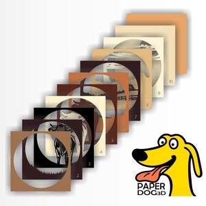 May include: A set of 10 layered paper cut-out designs featuring a cow in a field. The designs are numbered 2 through 10 and are arranged in a staggered pattern. The paper is brown, beige, and black. The image includes the text "PAPER DOG3D".
