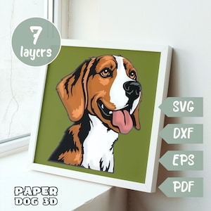 Puede incluir: Un modelo 3D de papel de beagle de 7 capas con pelaje marrón, negro y blanco. El perro mira hacia la derecha con la lengua fuera. El modelo está enmarcado y se muestra sobre una superficie blanca. El texto "PAPER DOG 3D" está debajo del marco. El texto "7 layers" está en un círculo sobre el marco. El texto "SVG, DXF, EPS, PDF" está en el lado derecho del marco.