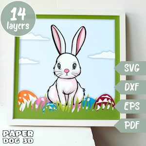 Modèle de boîte d'ombre de lapin de Pâques SVG, SVG en couches 3D pour le papier cartonné, papercut multicouche, Cricut, silhouette dxf, bricolage d'art en papier de Pâques, pdf