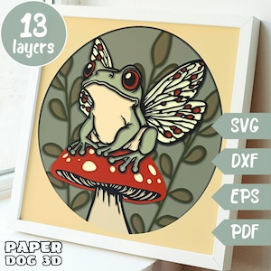 Kikker schaduw vak sjabloon 3D gelaagde SVG voor karton, paddenstoel meerlagige papercut Cricut, silhouet dxf, bos natuur gesneden bestand diy cabine