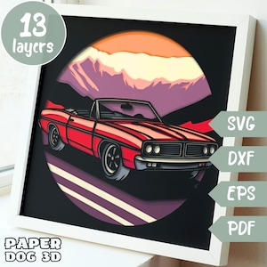 Modèle de boîte d'ombre de voiture de muscle, SVG en couches 3D pour le papier cartonné, multicouche, fichier svg Cricut de voiture, silhouette dxf, boîte à lumière découpée en papier de voiture de sport
