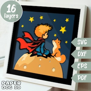 Il piccolo principe 3D SVG a strati per cartoncino, arte murale per la cameretta dei bambini, carta ritagliata multistrato, modello Shadow Box, file di taglio Cricut, regalo fai da te