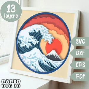Modèle de boîte d'ombre grande vague 3D SVG en couches pour papier cartonné, découpe de papier multicouche, Cricut, art japonais dxf, fichier de coupe nature, cabine de bricolage