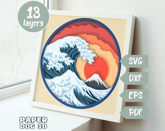 Great Wave Shadow Box Template 3D Layered SVG For Cardstock, Multilayer Papercut, Cricut, Japanese Art dxf, nature cut file, diy Cabin