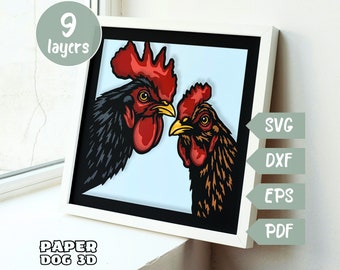 Kip gluren 3D gelaagde SVG voor karton, kip meerlagige papercut, schaduwdoos sjabloon, boerderij Cricut, silhouet, kunst aan de muur, DIY cabine