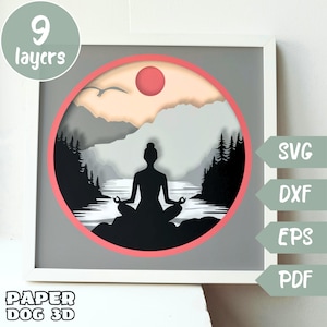 Yoga en las montañas SVG en 3D en capas para cartulina, papel multicapa, plantilla de caja de sombra, Cricut, silueta dxf, archivo de corte, pdf, bricolaje