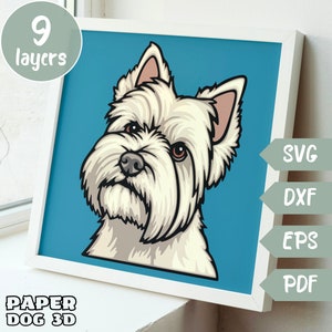 Westhighland Terrier 3D Geschichtet SVG für Karton, mehrschichtige Papierschnitt, Westie Shadow Box Cricut, Silhouette dxf, Hund Schnittdatei Haustier Gedenkstätte