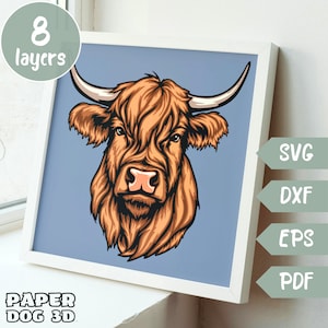 Retrato de vaca das Terras Altas 3D em camadas SVG para cartolina, caixa de sombra, modelo de corte de papel multicamadas, fazenda Cricut, silhueta, arte de parede de touro faça você mesmo