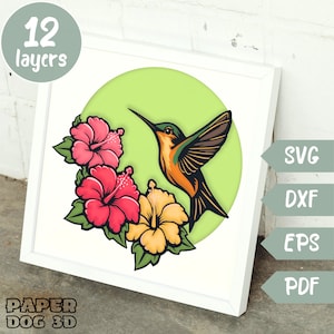 Kolibri 3D Geschichtet SVG für Karte, Schattenbox SVG Vorlage, Papierschnitt, Cricut, Blumen, Vogel pdf, diy Geschenk
