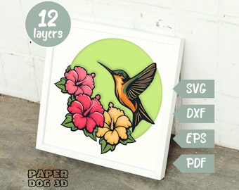 Hummingbird 3D Layered SVG For Cardstock, Shadow Box SVG Template, Multilayer Papercut, Cricut, silhouette, Flowers Bird pdf, diy Gift