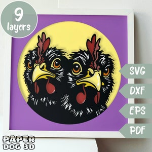 Black chickens SVG Layered SVG For Cardstock 3D Shadow Box, Multilayer Papercut Template, Farm Cricut, silhouette, Farmhouse wall art Decor